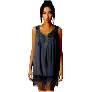 OXMO Black Mini Silk Dress Sz XS Floral Crochet Sleeveless Ruffle Shift